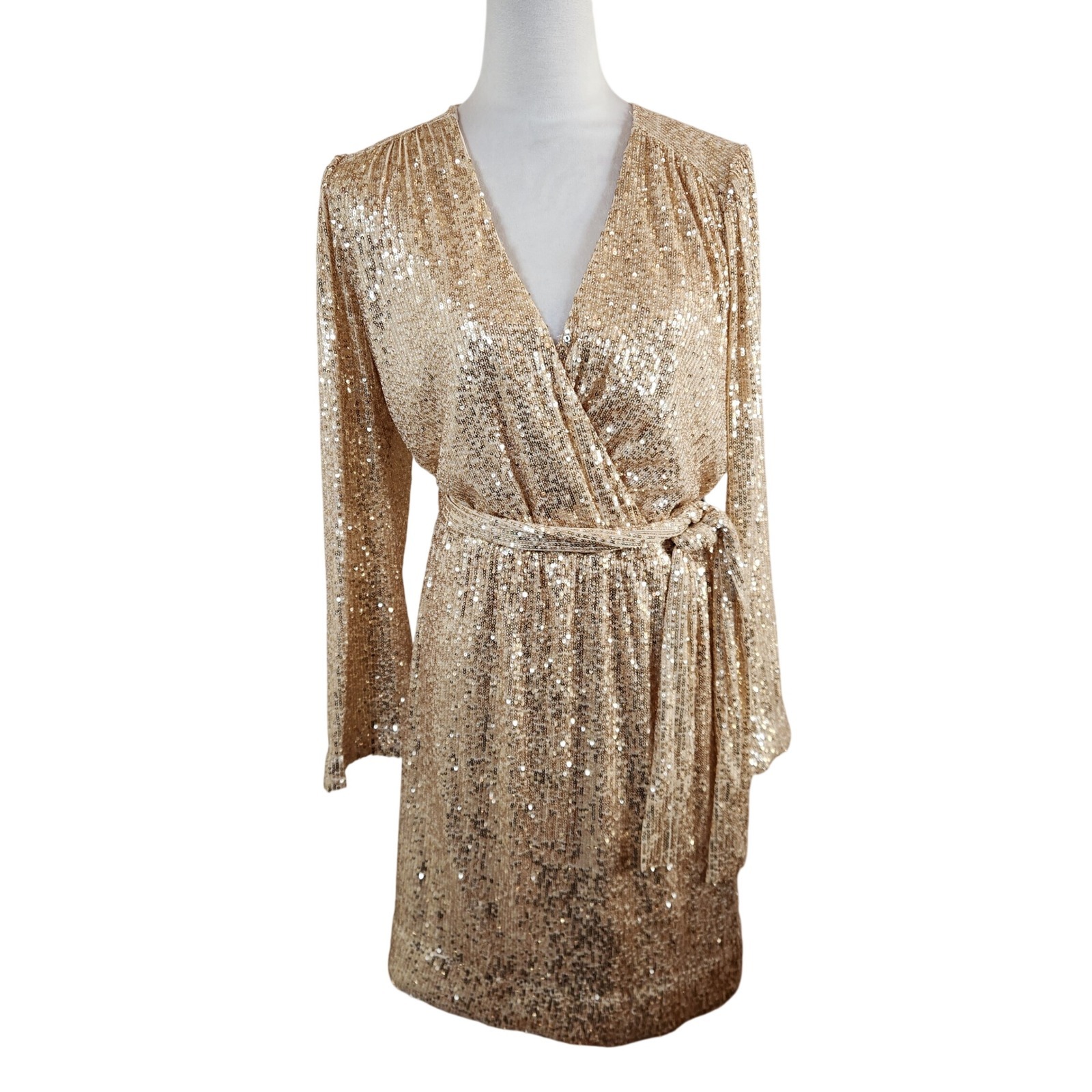 Boston Proper Gold Sequin Faux Wrap Dress Long Sleeve V-Neck Womens Size Medium